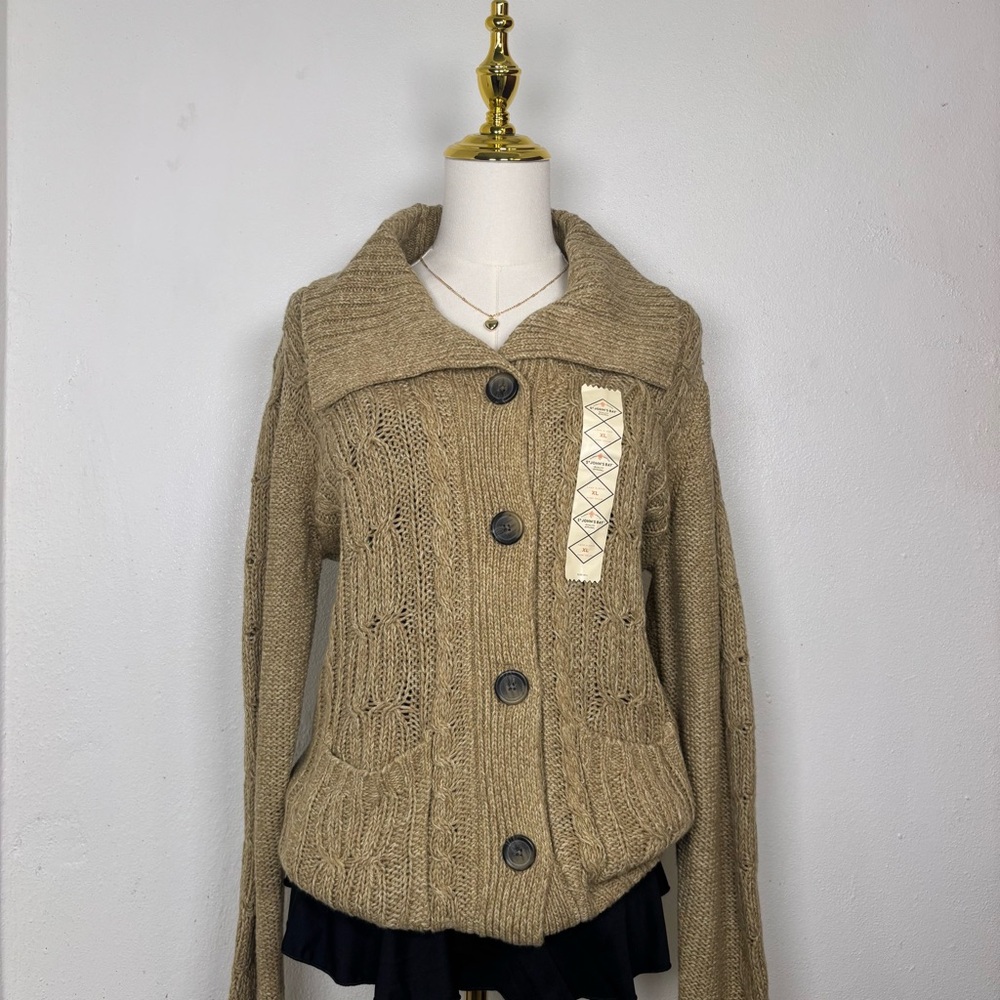 NWT‎ st johns bay tan chunky knit cardigan coat pockets coquette old money y2k